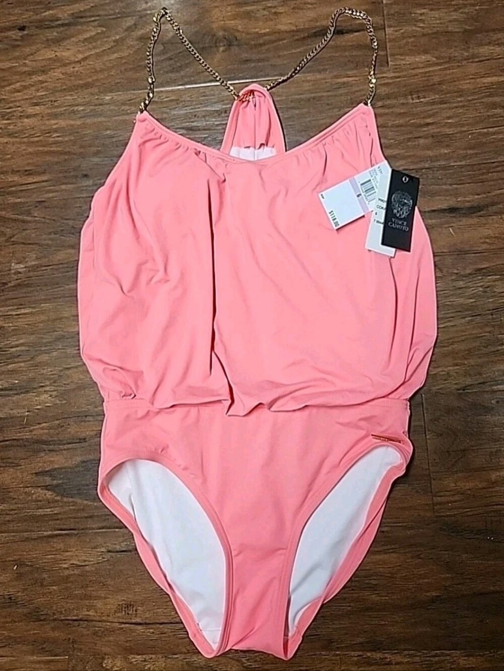 NWT Vince Camuto Collins Luxe Chain Strap Blouson 1 Pc Coral Sugar Swimsuit Sz6 - Picture 4 of 11